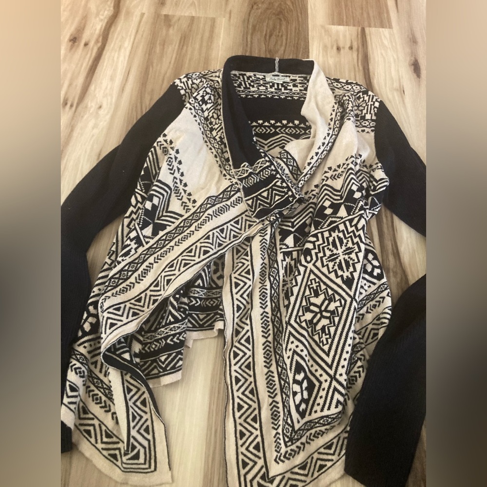 Lucky Brand Womens Waterfall Cardigan Sweater Size L Tribal Aztec Black Western